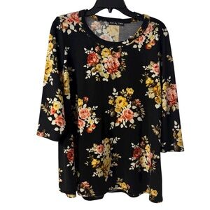 Kim & Cami Black Floral Flairy Casual 3/4 Sleeve Blouse Too Curve Hem Size 1X